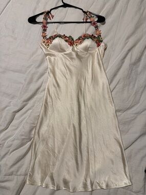 Elegant Ivory Satin Midi Dress with Floral Embroidery